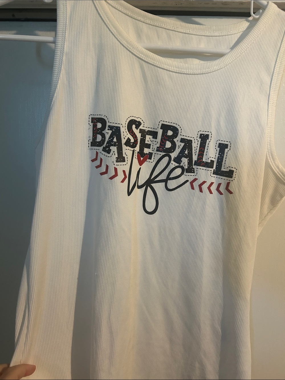 Ada White Ribbed Tank Top with Navy and Red Graphic